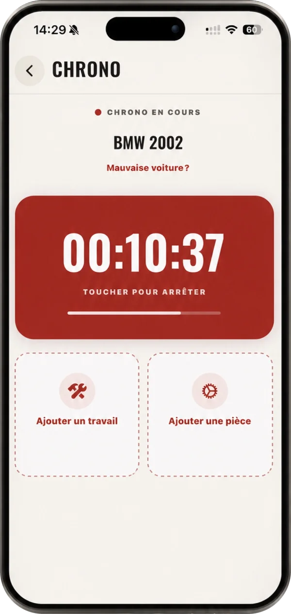 Écran Chrono de l'application Garagio sur iPhone : chrono en cours sur une BMW 2002, avec les boutons Ajouter un travail et Ajouter une pièce.
